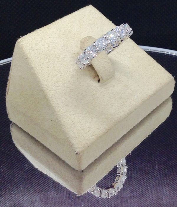18K White Gold 5.00 Ct G/VS Eternity Ring in a jewelry box (side view)