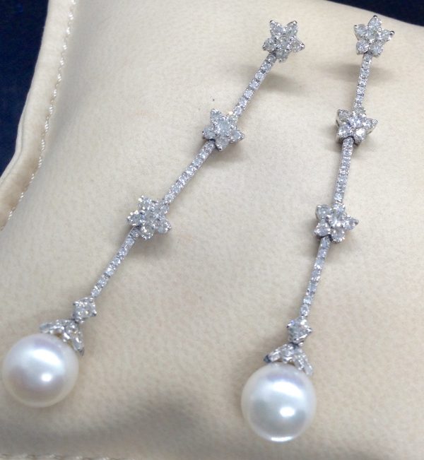 18k White Gold Long Drop 1.50 Ct Diamond Earrings with 8mm South Sea Pearl Drops