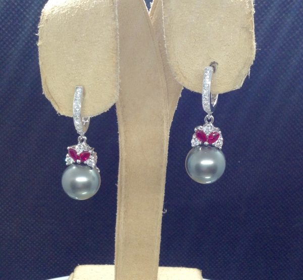 18k White Gold Short Drop Tahitian 11mm Pearl with 0.85 Ct Diamonds and 0.60 Ct Ruby hanging on fake ears (front view)