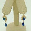 Art Deco 3.00 Ct Sapphire with 2.00 Ct Briollette Cut Sapphire 14k Earrings hanging on fake ears