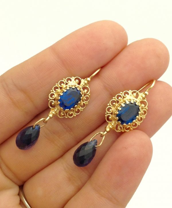 Art Deco 3.00 Ct Sapphire with 2.00 Ct Briollette Cut Sapphire 14k Earrings