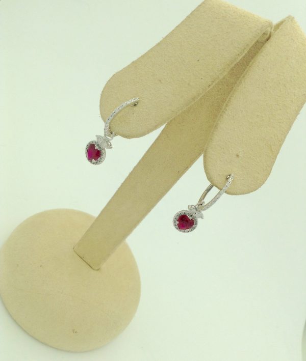 Classy 1.00 Ct Heart Shaped Ruby & 1.00 Ct Diamond Halo 14k White gold Hoops hanging on fake carton ears