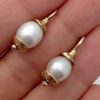 A person holding two Short Drop South Sea Cultured 10mm Pearls w/ 14k Yellow Gold Rustic Accents
