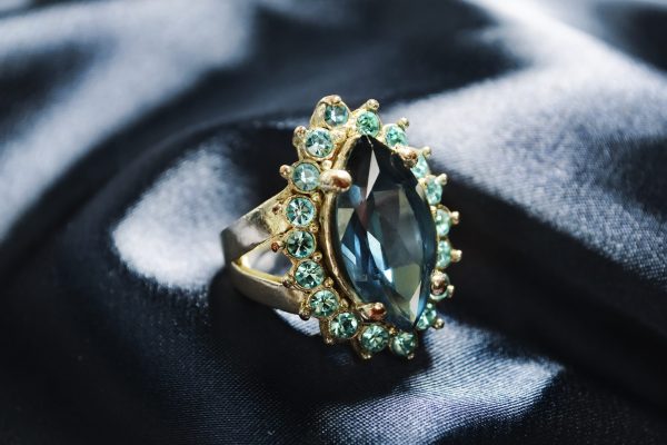 Diamond ring on blue silk